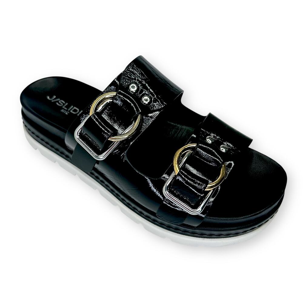 J Slides Baha Leather Double Buckle Slide Sandals US 7.5 Black Patent Platform - Picture 13 of 13